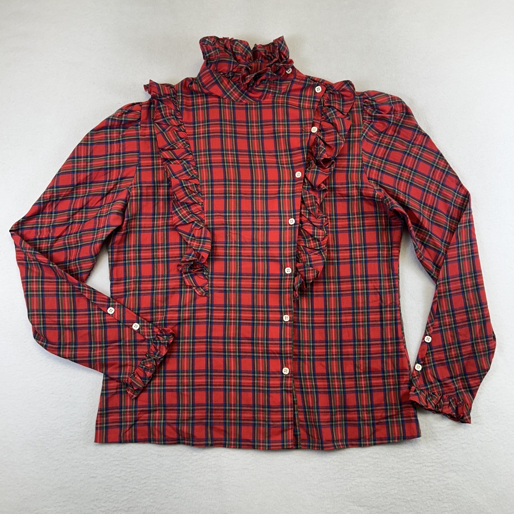 Vintage MW Blouse Womens 16 Tall Red Plaid Ruffle Mock Neck Long Sleeve Tartan